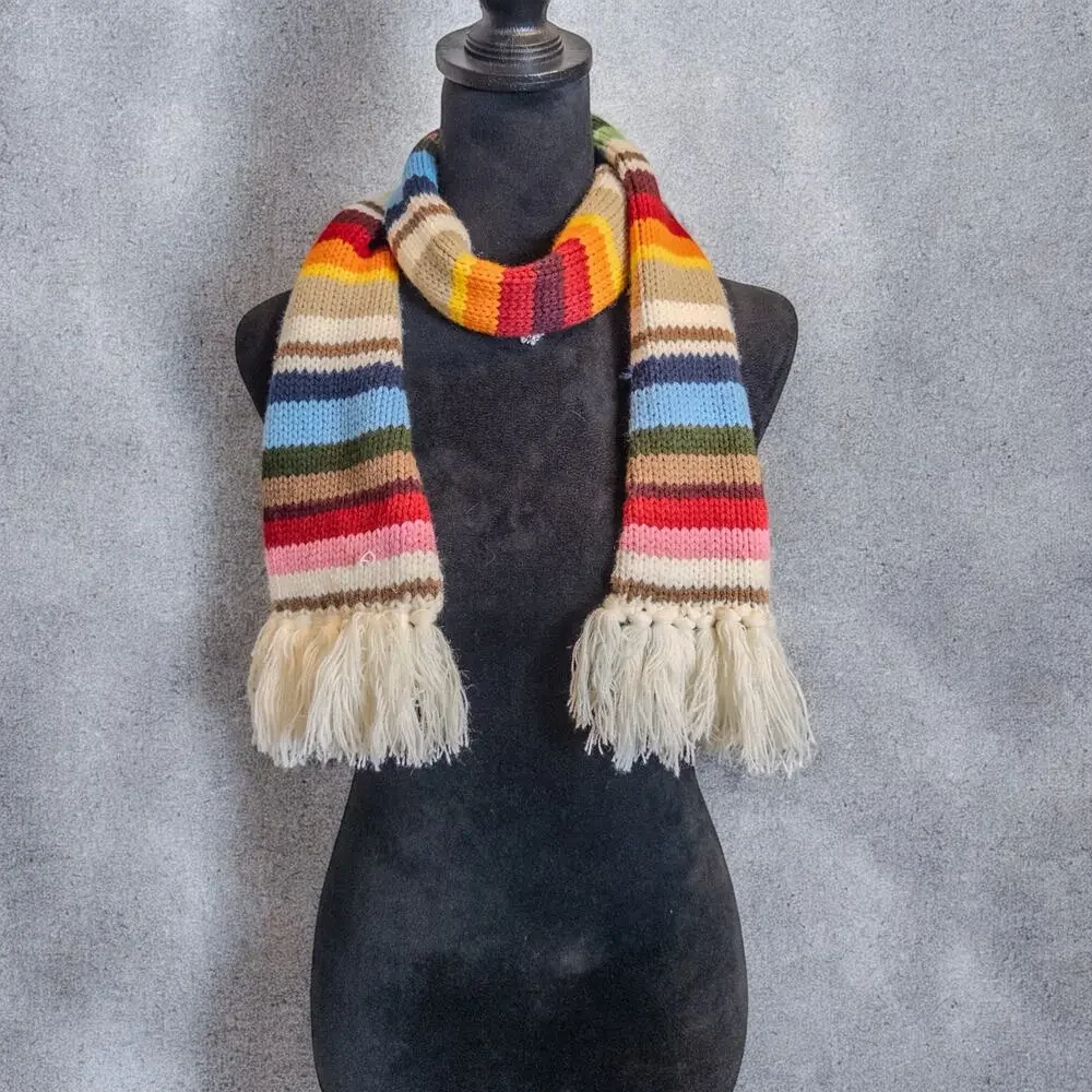Vintage Hand Knit Striped Scarf Made in Korea Multicolor Fringe